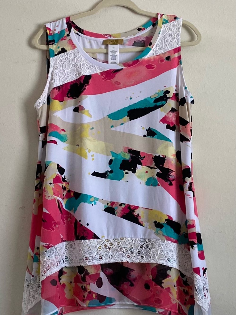 Valerie Stevens Pink Multi Abstract Lace-Trim Tank